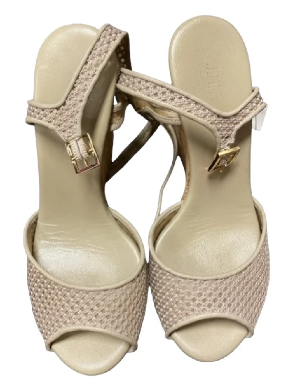 Jimmy Choo Shoe Size 36 Taupe Fabric Peep Toe Wedge Mesh Ankle Buckle Shoes