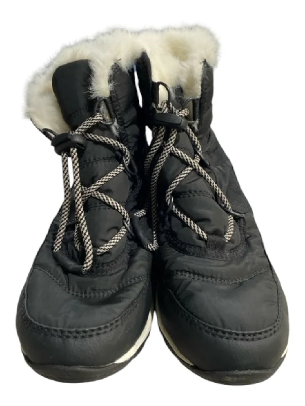 Sorel Shoe Size 5 Black & White Nylon Faux Fur Almond Toe Lace Up Boots