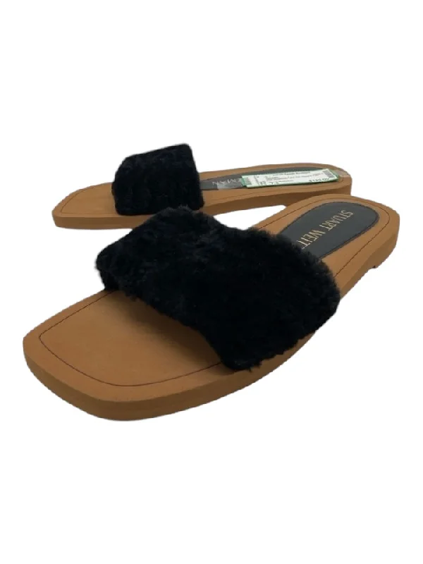 Stuart Weitzman Shoe Size 7.5 Black & Brown Faux Fur Square Toe Flat Sandals