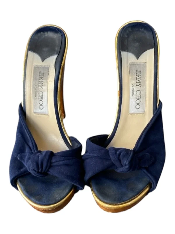 Jimmy Choo Shoe Size 37 Navy & Brown Suede & Wood Peep Toe Tie Detail Heel Shoes