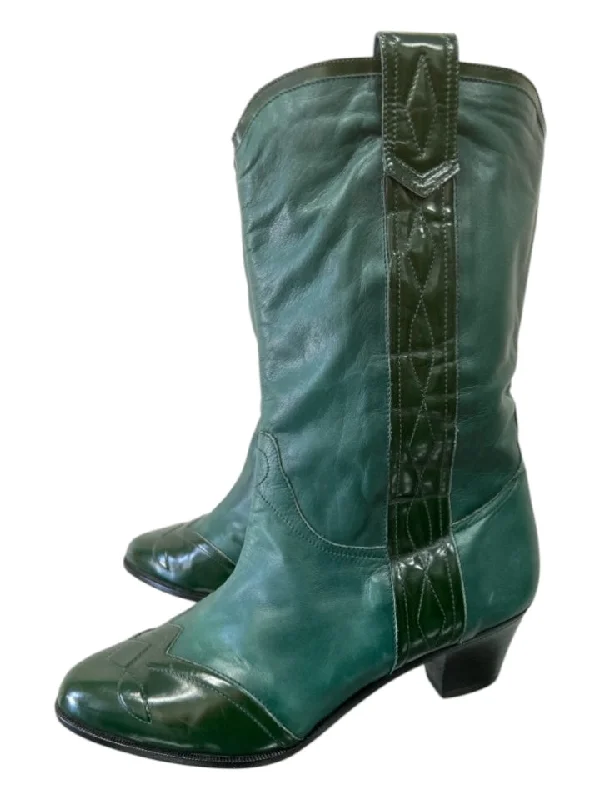 Kurt Geiger Shoe Size 37.5 Green Leather Almond Toe Stacked Heel Cap Toe Boots