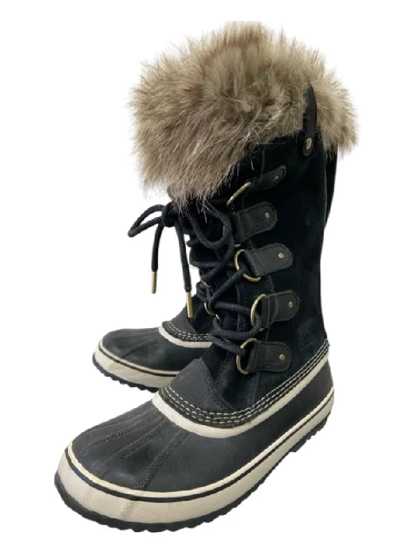 Sorel Shoe Size 9.5 Black & Brown Suede & Leather Faux Fur Calf High Laces Boots