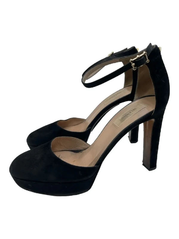 Valentino Shoe Size 39 Black Suede Platform Round Toe Ankle Buckle Pumps