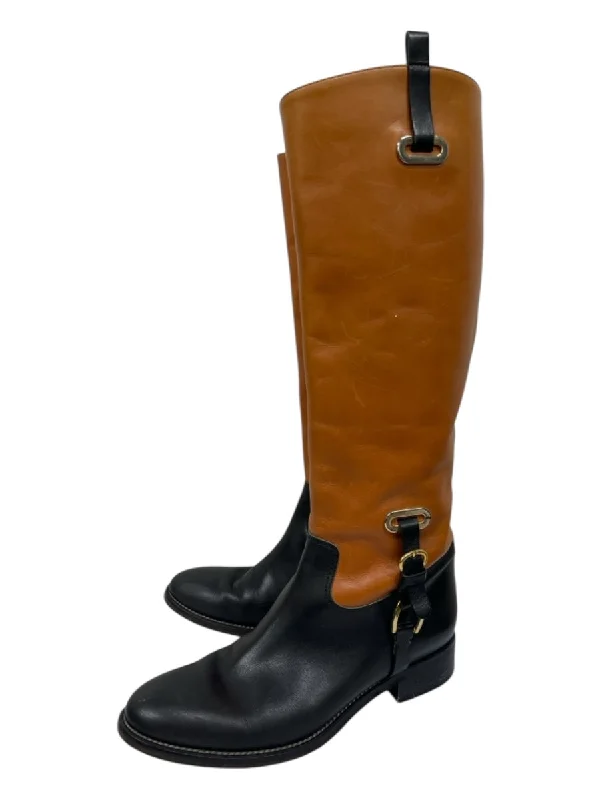 Botticelli Shoe Size 37 Brown & Black Leather Knee High Almond Toe Boots