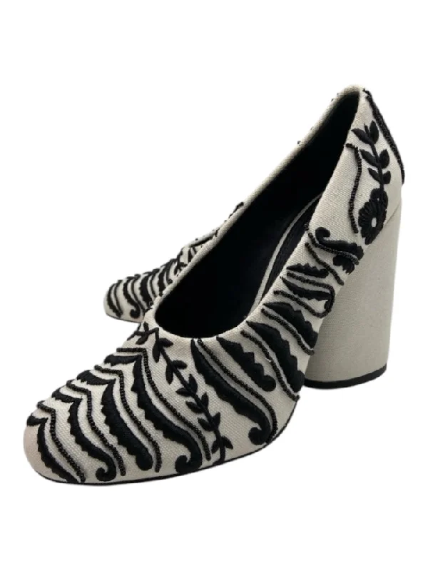 Tory Burch Shoe Size 8 Black & White Fabric Embroidered Block Heel Pumps