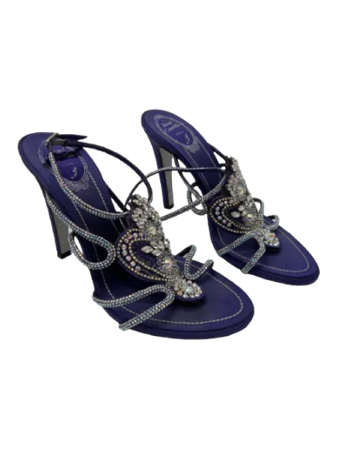 Rene Caovilla Shoe Size 39.5 Purple Jeweled Satin Sandal Ankle Buckle Pumps