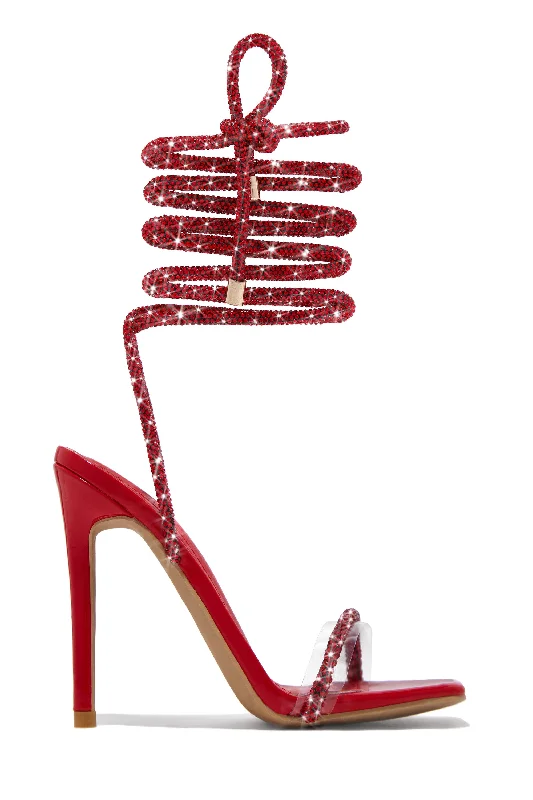 Sofia Embellished Lace Up Heels - Red