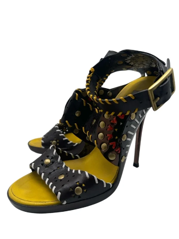 Jimmy Choo Shoe Size 37.5 Brown, Yellow, Red Leather Whipstitching Heel Sandals