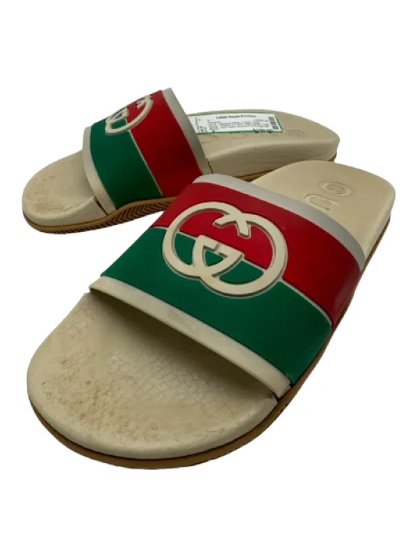 Gucci Shoe Size 8 Cream, Red, Green Rubber & Foam Web Stripe Logo Slides Sandals