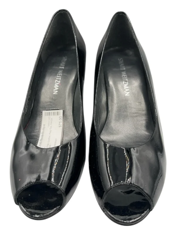 Stuart Weitzman Shoe Size 8.5 Black Patent Leather Peep Toe Wedge Pumps