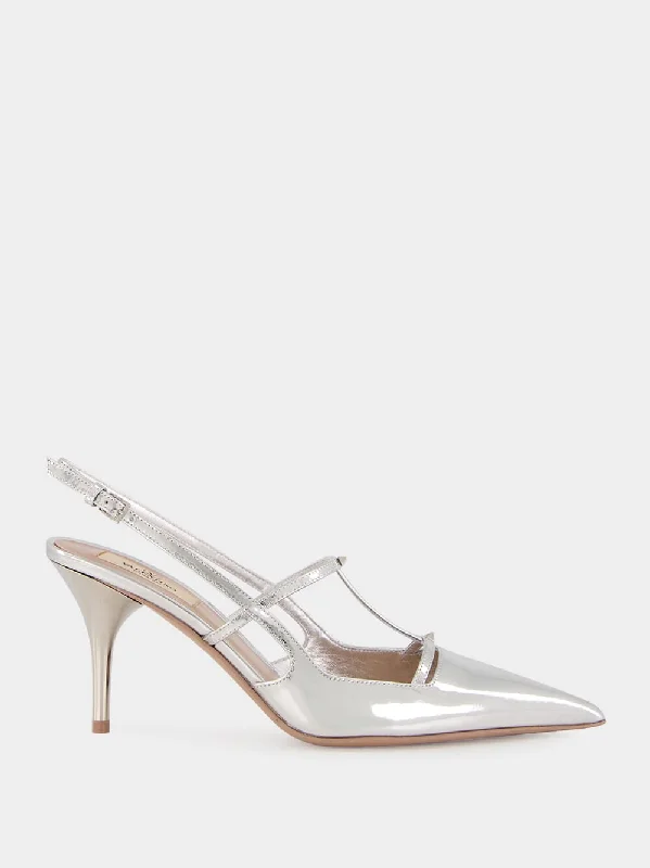 Silver Slingback Pumps with T-Strap and Mini Rockstuds