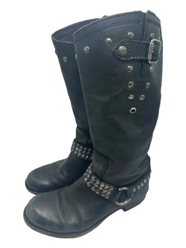 Liberty Shoe Size 7.5 Black Leather Calf High Side Zip Studded Moto Boots