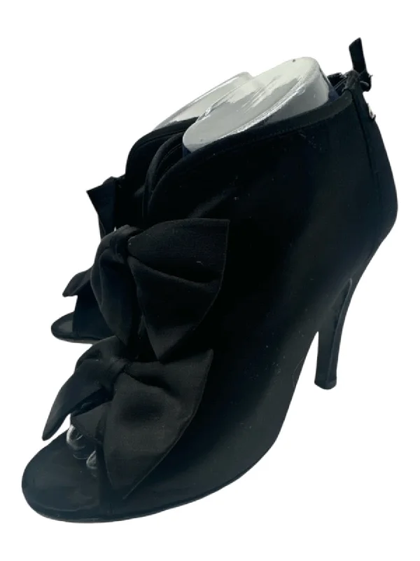 Chanel Shoe Size 38.5 Black Satin Bows Peep Toe Bootie Stiletto Pumps