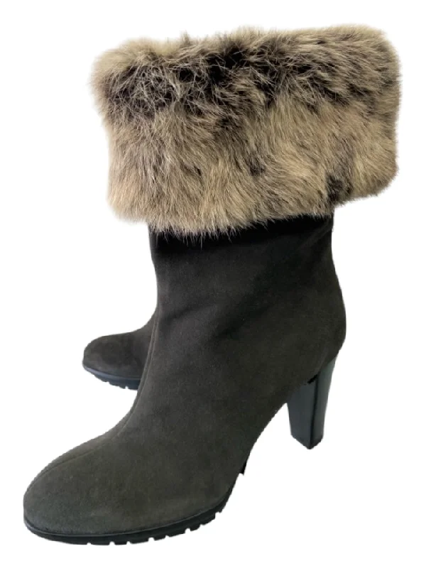 Aquatalia Shoe Size 6 Gray Leather Fur Detail Stacked Heel Stitch Detail Boots