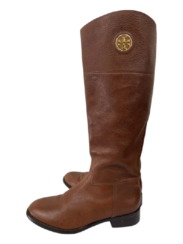 Tory Burch Shoe Size 10 Brown Leather Gold hardware Stacked Heel Round Toe Boots