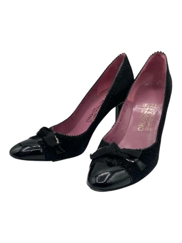 Salvatore Ferragamo Shoe Size 8 Black Suede Patent Leather Bow Scalloped Pumps