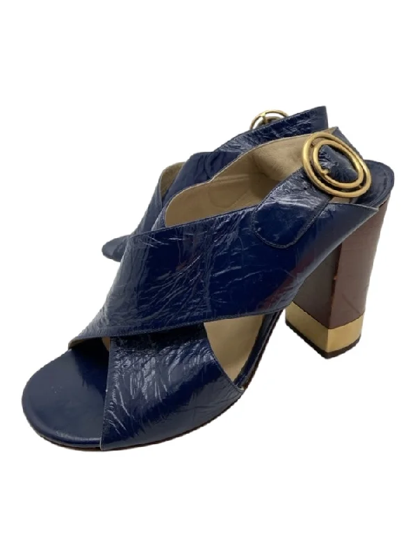 Chloe Shoe Size 40 Navy Blue & Brown Patent Leather Criss Cross Sandal Pumps