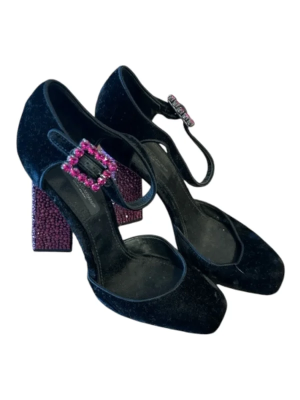 Dolce & Gabbana Shoe Size 37.5 Black & Purple Velvet Ankle Buckle Shoes