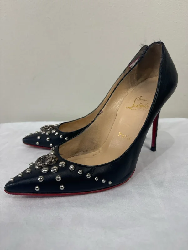 Christian Louboutin Shoe Size 38.5 Black & Silver Leather Pointed Toe Pumps