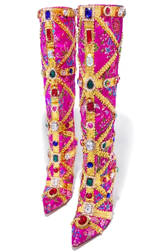 Masterpiece Embellished Knee High Heel Boots - Pink