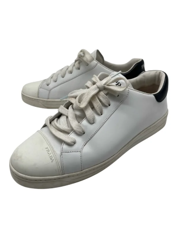 Prada Shoe Size 40 White & Black Leather Rubber Sole Laces Low Top Sneakers