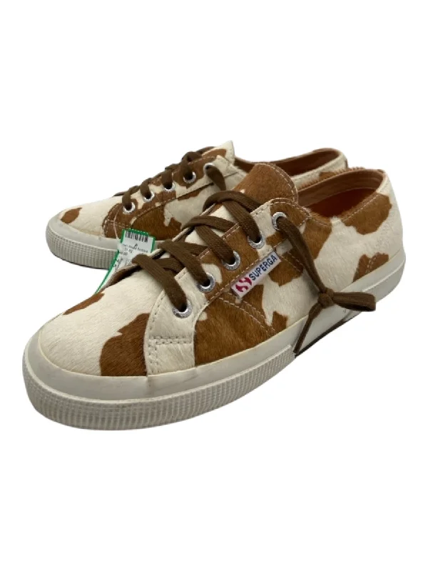 Superga Shoe Size 7.5 Cream & Tan Leather Calf Hair Cow Print Low Top Sneakers