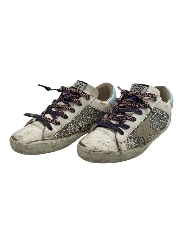 Golden Goose Shoe Size 37 White, Purple & Blue Leather Low Top Laces Sneakers