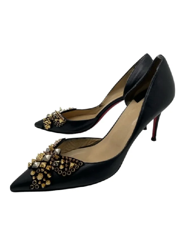 Christian Louboutin Shoe Size 40.5 Black Leather Mixed Metal Spike D'orsay Pumps