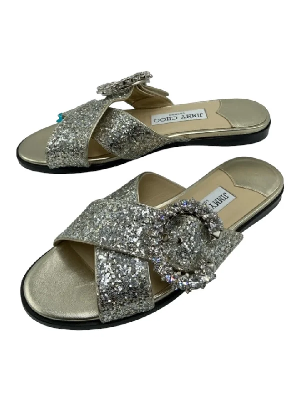 Jimmy Choo Shoe Size 35 Silver & Gold Leather Sequins Buckle Detail Sandals