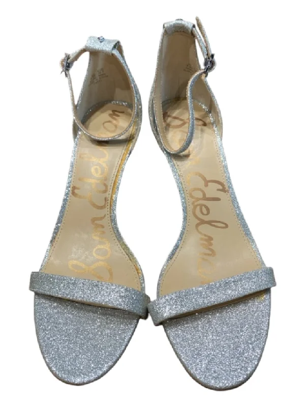 Sam Edelman Shoe Size 8.5 Silver Glitter open toe Ankle Strap Mid Heel Pumps