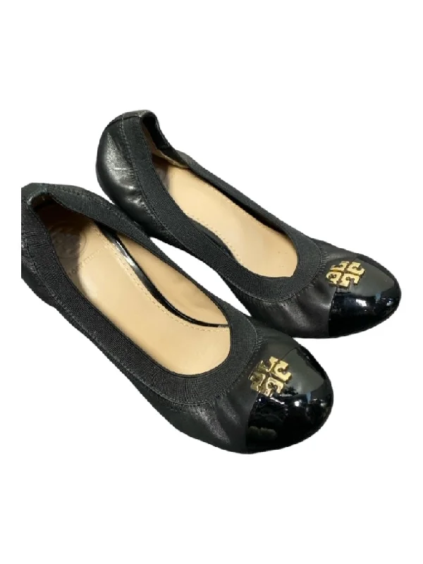 Tory Burch Shoe Size 6 Black Leather & Wood Wedge Gold Hardware Round Toe Shoes