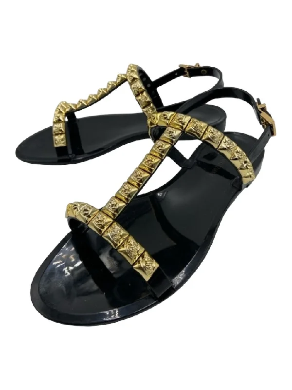 Stuart Weitzman Shoe Size 6 Black & Gold Rubber Studded Ankle Strap Sandals