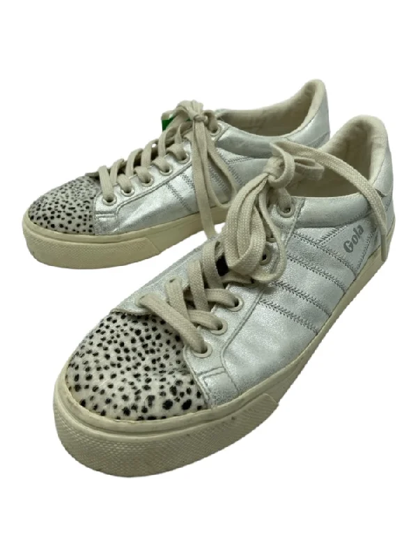 Gola Shoe Size 7 Silver & Cream Leather Pony Hair Speckled Laces Sneakers