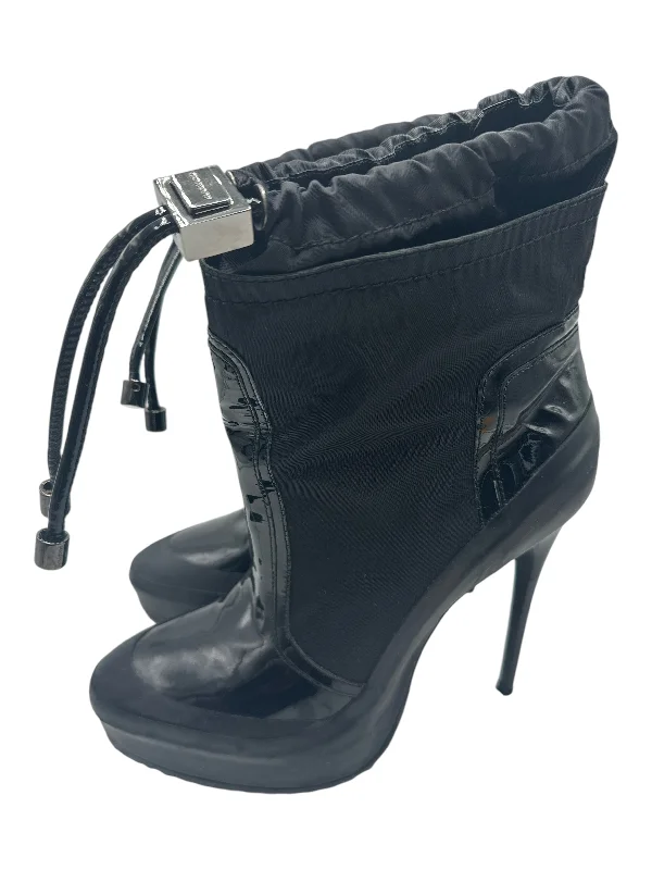 Burberry Shoe Size 37.5 Black Patent & Nylon Calf High Stiletto Drawstring Boots