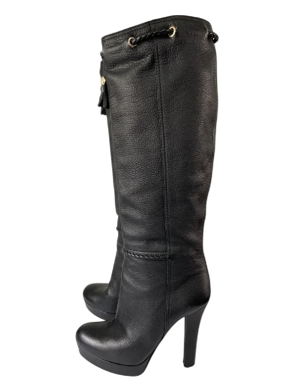 Gucci Shoe Size 37 Black Pebbled Leather Platform Stiletto Knee High Boots