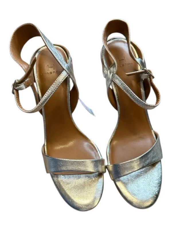 Halston Shoe Size 7 Gold Leather Metallic Stiletto Ankle Strap Sandals