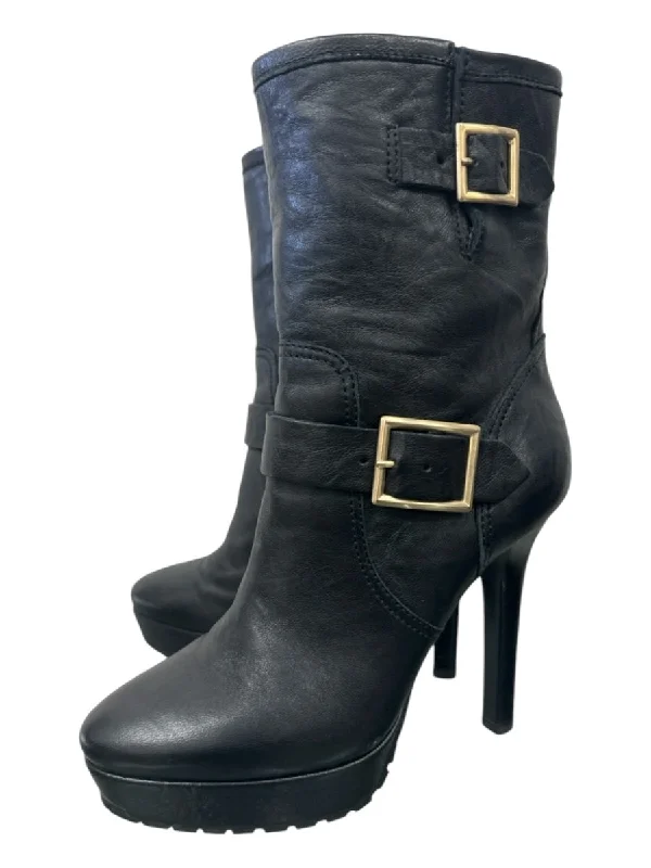 Jimmy Choo Shoe Size 40 Black Leather Platform Gold Buckle Calf High Boots