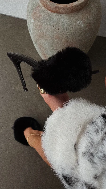 Cherie Faux Fur High Heel Mules - Black