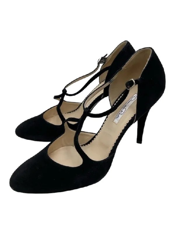 Oscar De La Renta Shoe Size 40 Black Suede Almond Toe T Strap Buckle Pumps