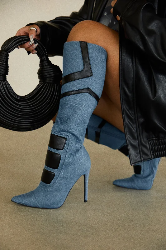 Midnight Sky Moto Style Knee High Heel Boots - Denim