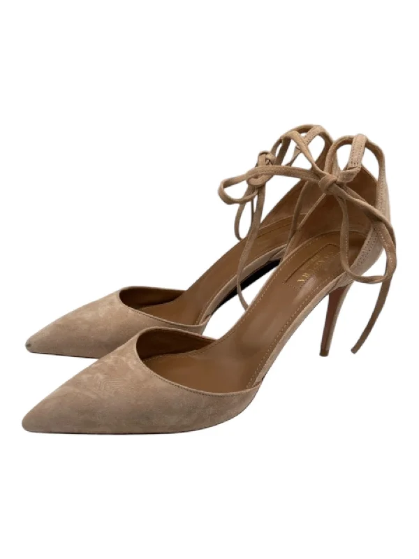 Aquazzura Shoe Size 38 Beige Leather Suede Pointed Toe Ankle Strap Wrap Pumps