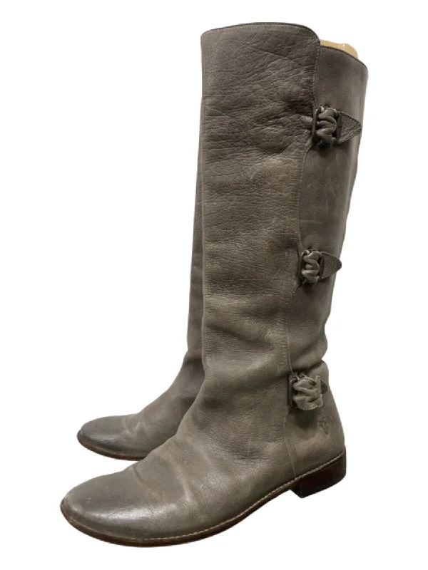 Frye Shoe Size 10 Gray Leather Buckles Flat Knee High Boots