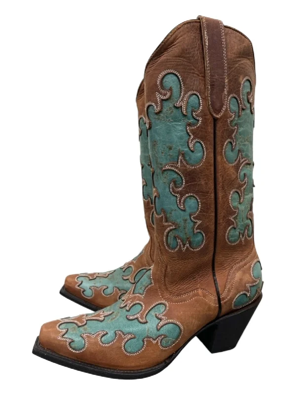 J.B. Dillon Shoe Size 10 Brown & Teal Leather Pointed Toe Marble Print Boots