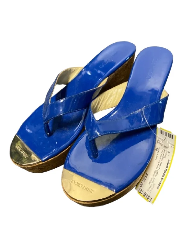 Jimmy Choo Shoe Size 39 Royal Blue Patent Leather Cork Thong Gold Plate Shoes