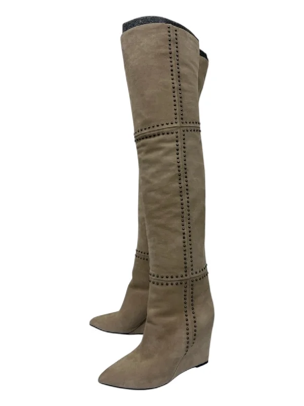 Tamara Mellon Shoe Size 37 Beige Suede Studded Thigh High Wedge Boots