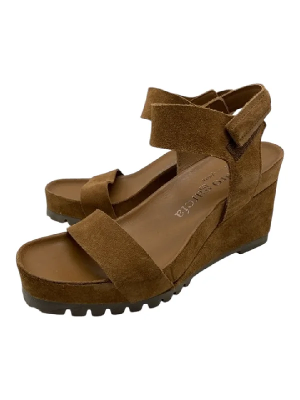 Pedro Garcia Shoe Size 38 Tan Brown Suede Wedge Velcro Strap Sandals