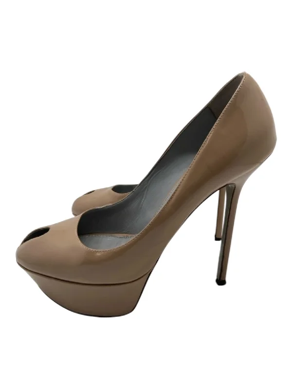 Sergio Rossi Shoe Size 41 Beige Patent Leather Peep Toe Platform Stiletto Pumps