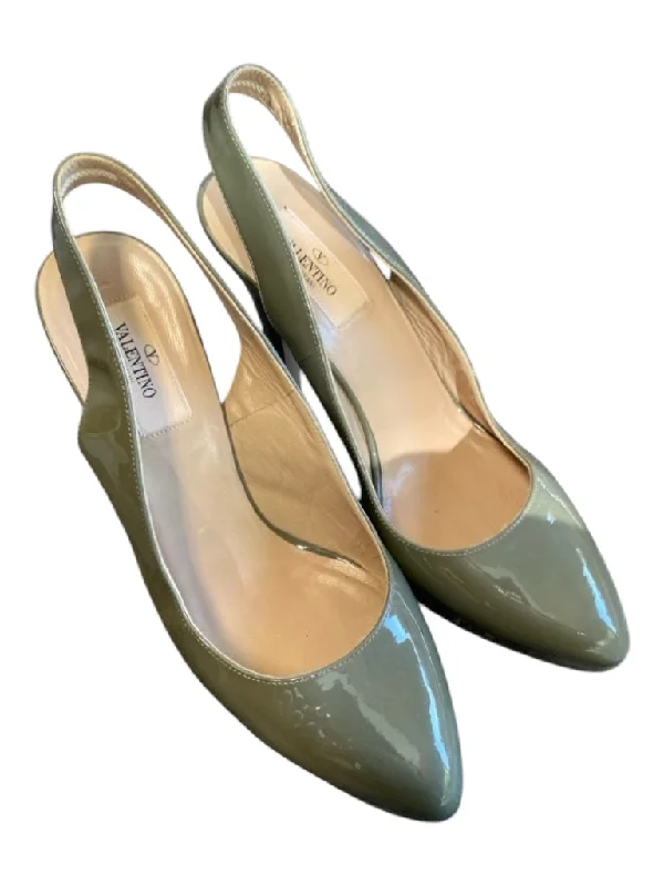 Valentino Shoe Size 38.5 Green Leather Patent Slingback Heel Pump Shoes