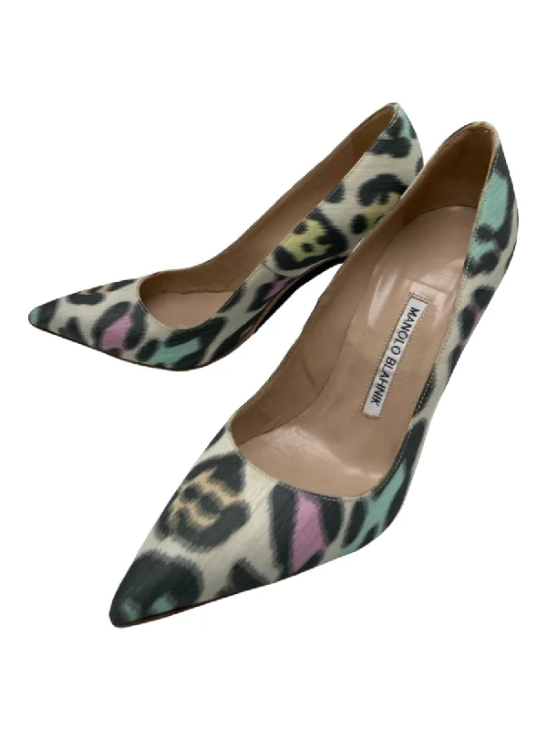 Manolo Blahnik Shoe Size 36 Green Gray Purple Satin Abstract Pointed Toe Pumps