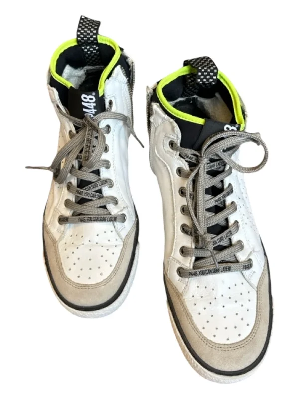 P448 Shoe Size 39 White & Lime Green Print Leather High Top lace up Sneakers